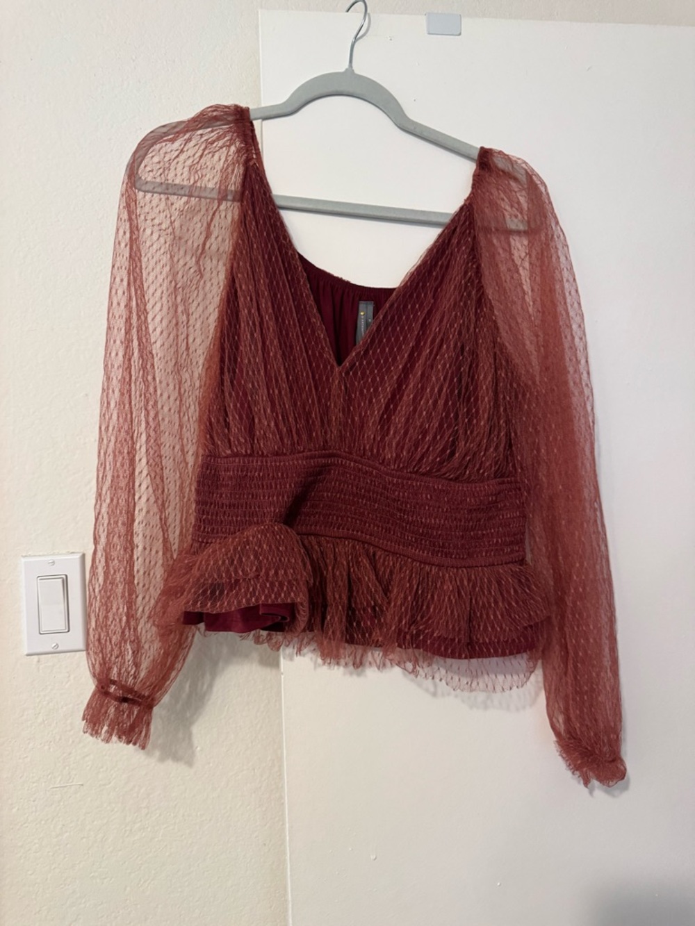Anthropologie Sheer Russet V-Neck Peplum Blouse